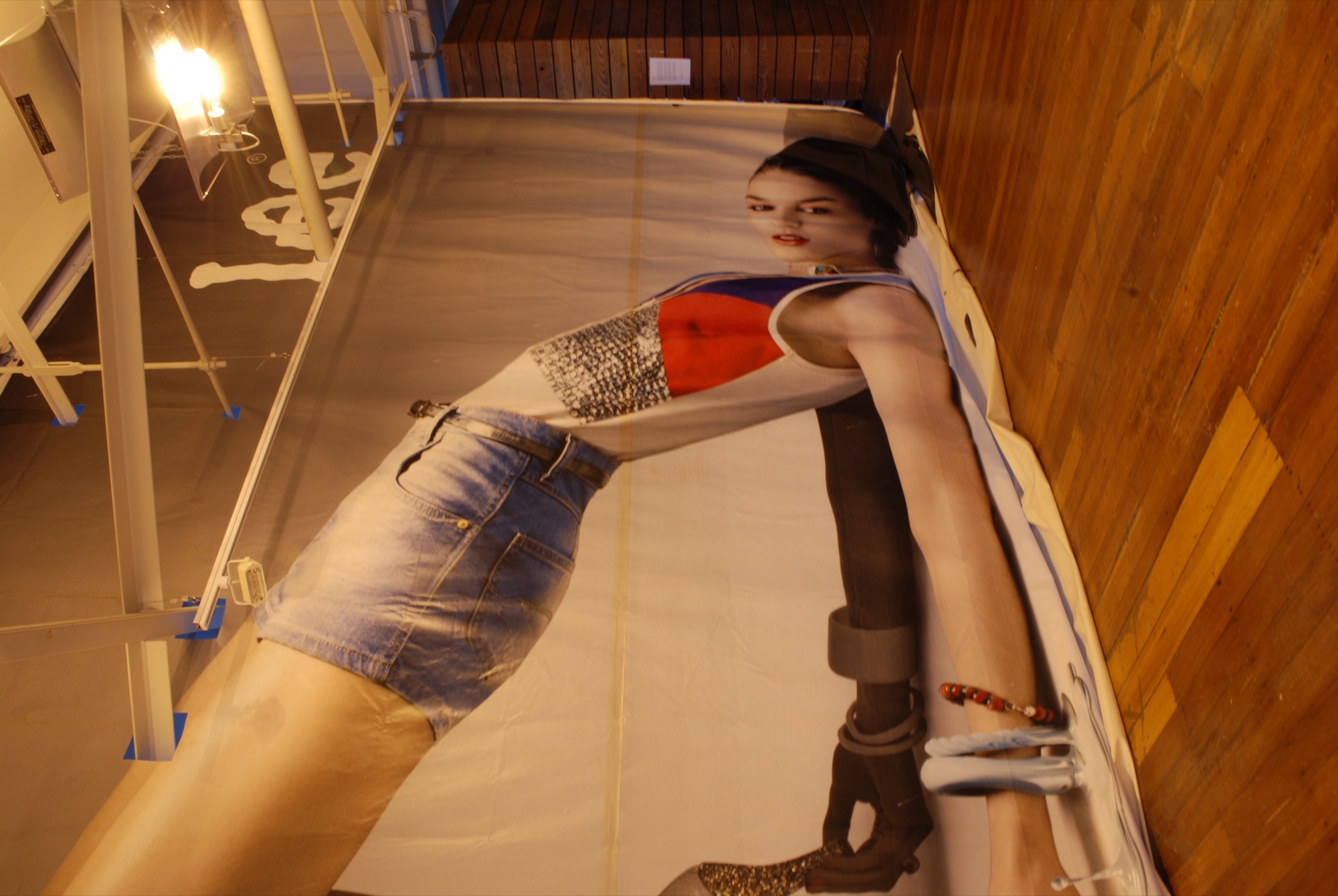 Believing in Politics | Lee Jeans billboard skin, hydroponic grow lamps | variable dimensions | Enjoy Gallery, Wellington | 2008 | https://enjoy.org.nz/believing-in-politics