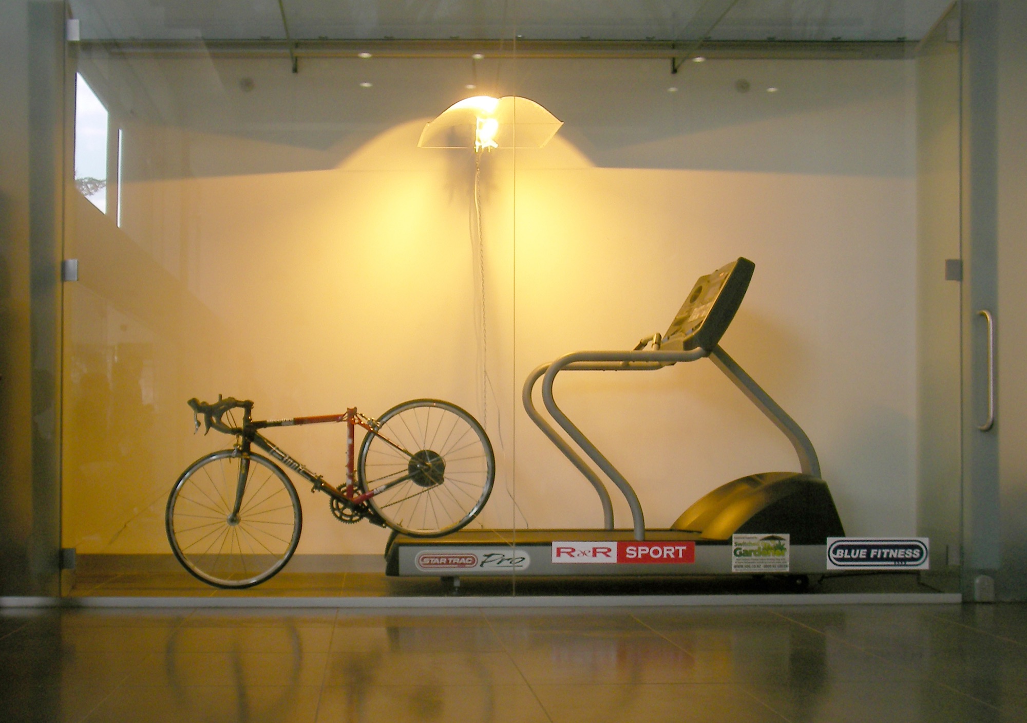 Best Wishes Jason Rhoades | bicycle with removed seat, treadmill, hydroponic grow lamp | variable dimensions | Window Gallery, Auckland | 2007 | http://archive.windowgallery.co.nz/archive/2007/08/onsite.html