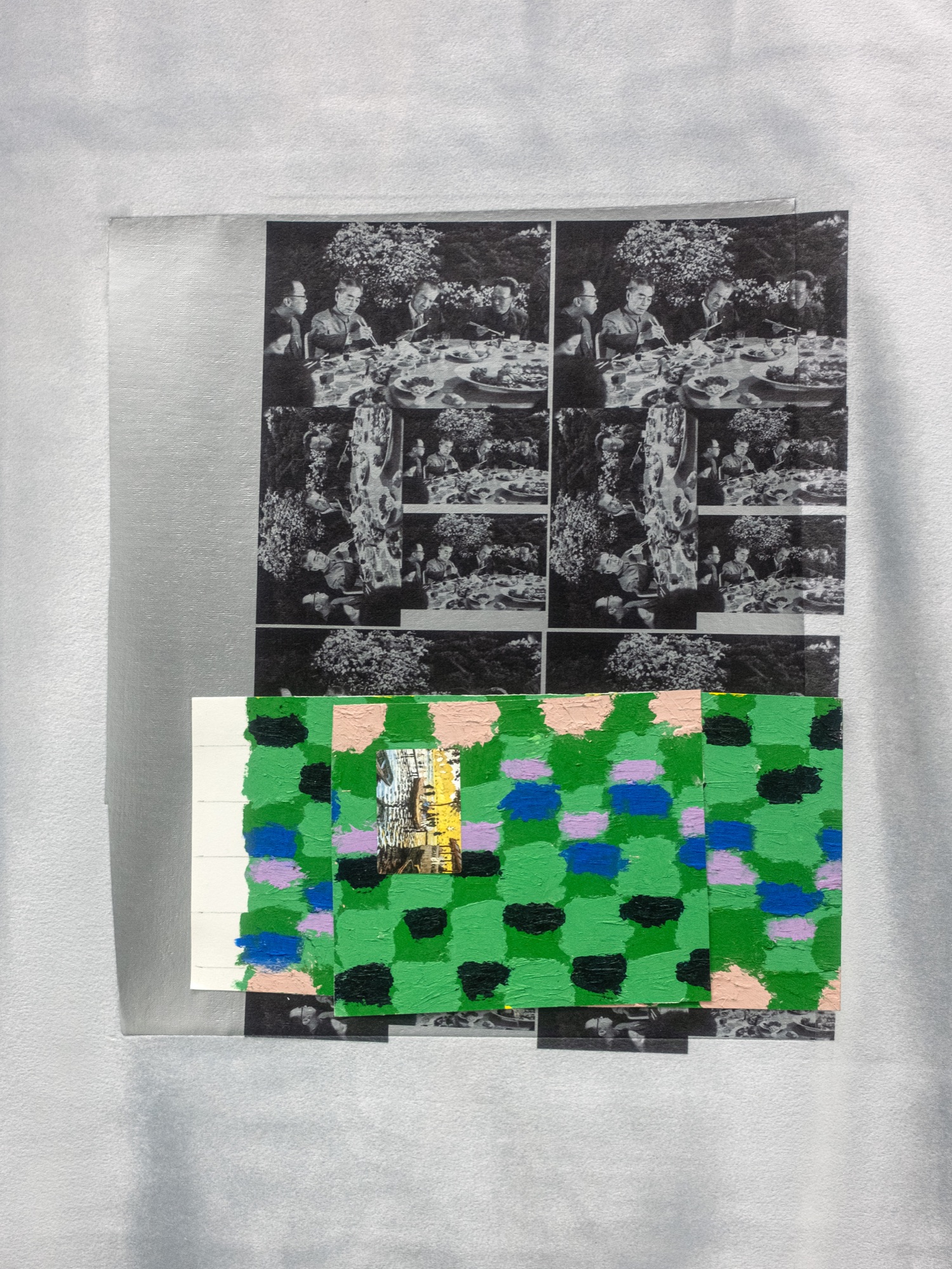 Building Tapestry Collage (detail) | 2022 | sticker, oil stick on paper, uv print, heat foil on synthetic velvet | 150 x 90 cm | https://www.bistro21.org/exhibitions/u-dont-even-know-me-like-that-zoe-field-martyn-reynolds-lilli-thiessen/