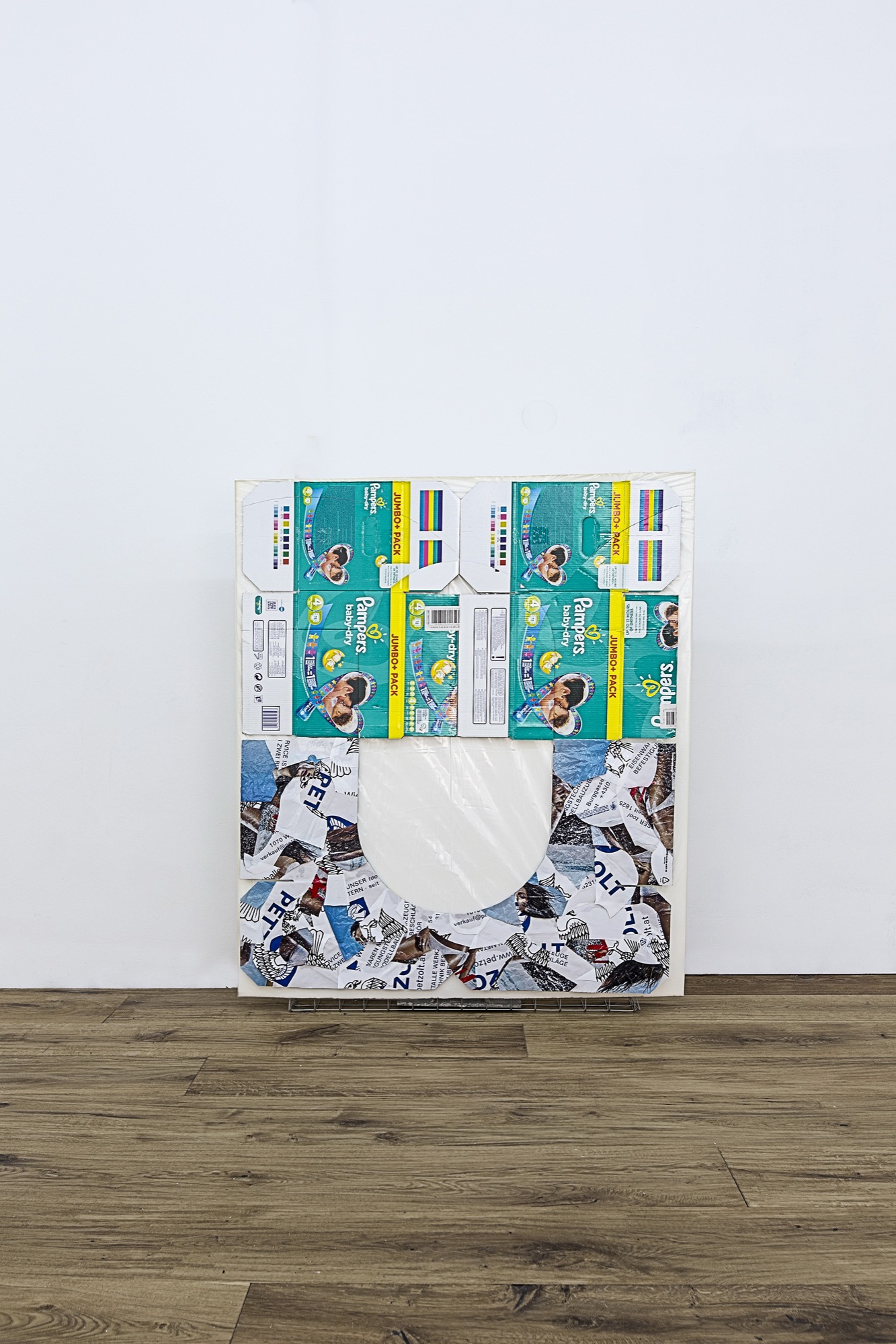 Diaper Box Collage | 2015 | plastic bags, cardboard, plastic sheet, polyurethane foam, steel | 120 x 100 x 20 cm