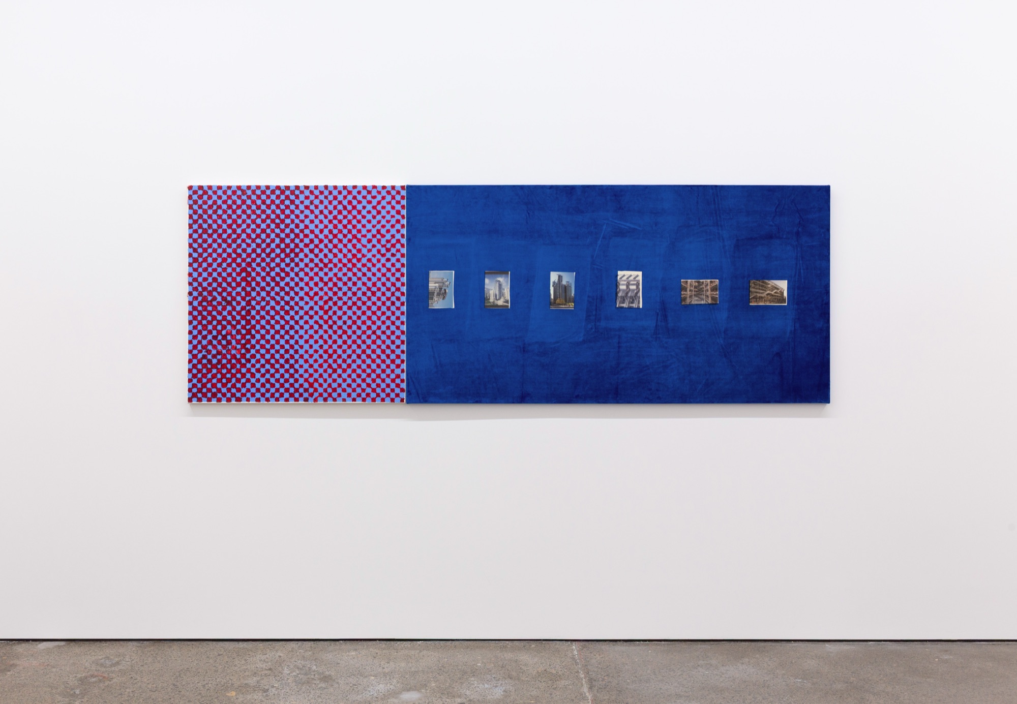 Facade Study | 2024 | oil stick on canvas; heat foil, uv print on synthetic velvet | 90 x 265 cm | https://sumer.nz/exhibitions/73-martyn-reynolds-arch/overview/