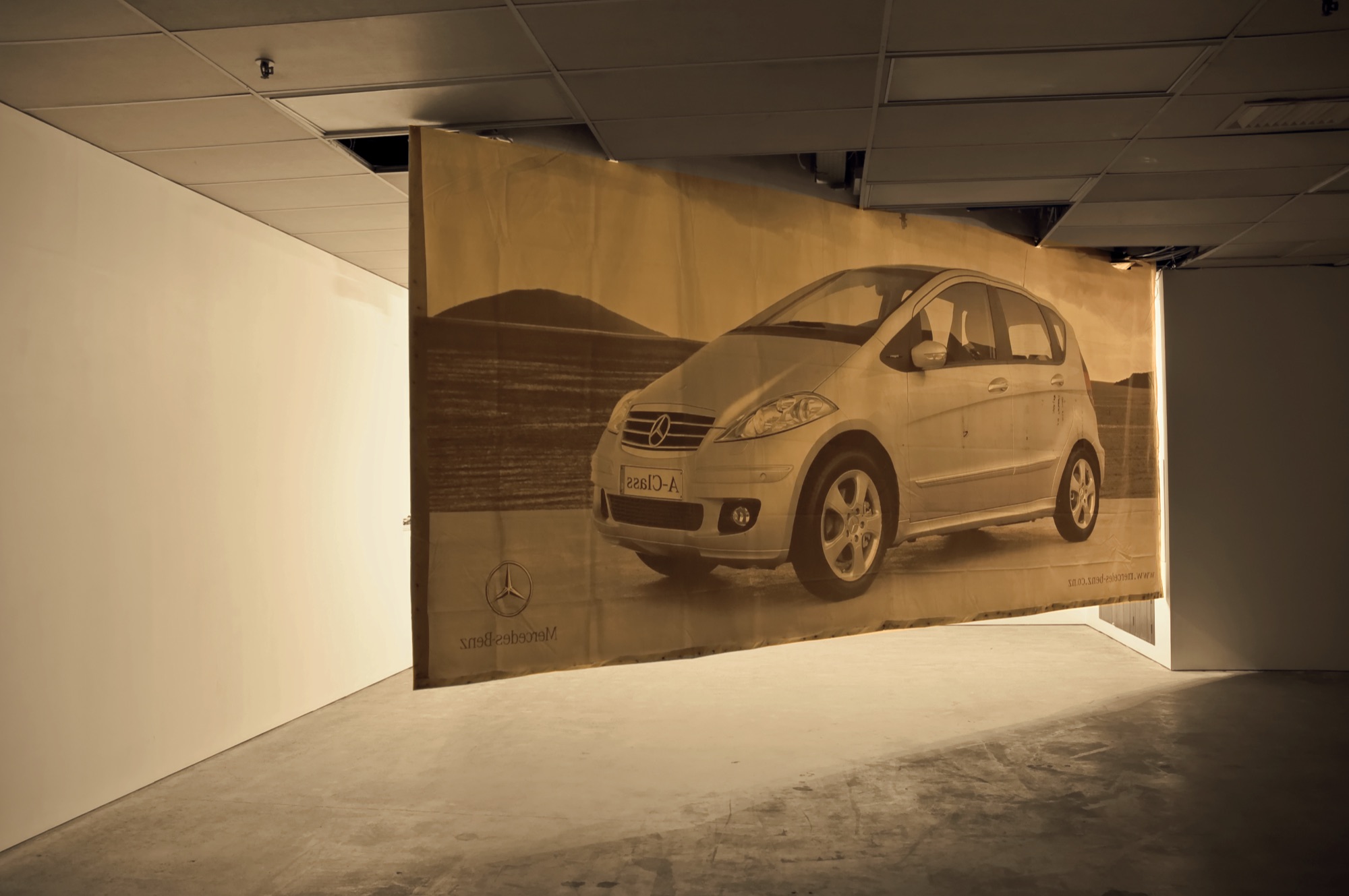 No letting go, no holding back | Mercedes billboard skin, three hydroponic grow lamps, removed ceiling tiles | variable dimensions | Newcall Gallery, Auckland | 2008