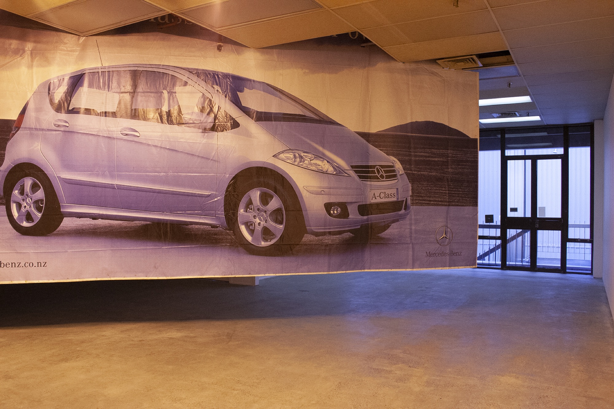 No letting go, no holding back | Mercedes billboard skin, three hydroponic grow lamps, removed ceiling tiles | variable dimensions | Newcall Gallery, Auckland | 2008