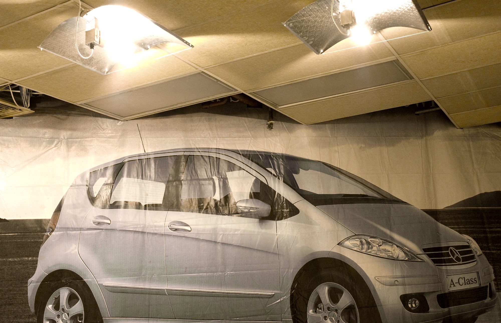 No letting go, no holding back | Mercedes billboard skin, three hydroponic grow lamps, removed ceiling tiles | variable dimensions | Newcall Gallery, Auckland | 2008