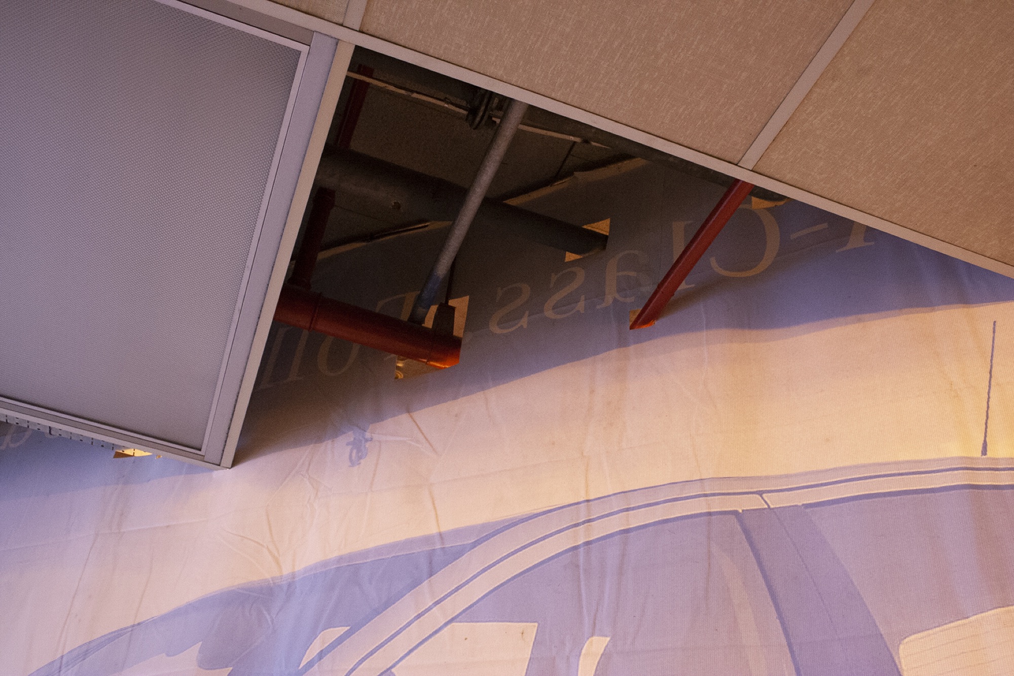 No letting go, no holding back | Mercedes billboard skin, three hydroponic grow lamps, removed ceiling tiles | variable dimensions | Newcall Gallery, Auckland | 2008