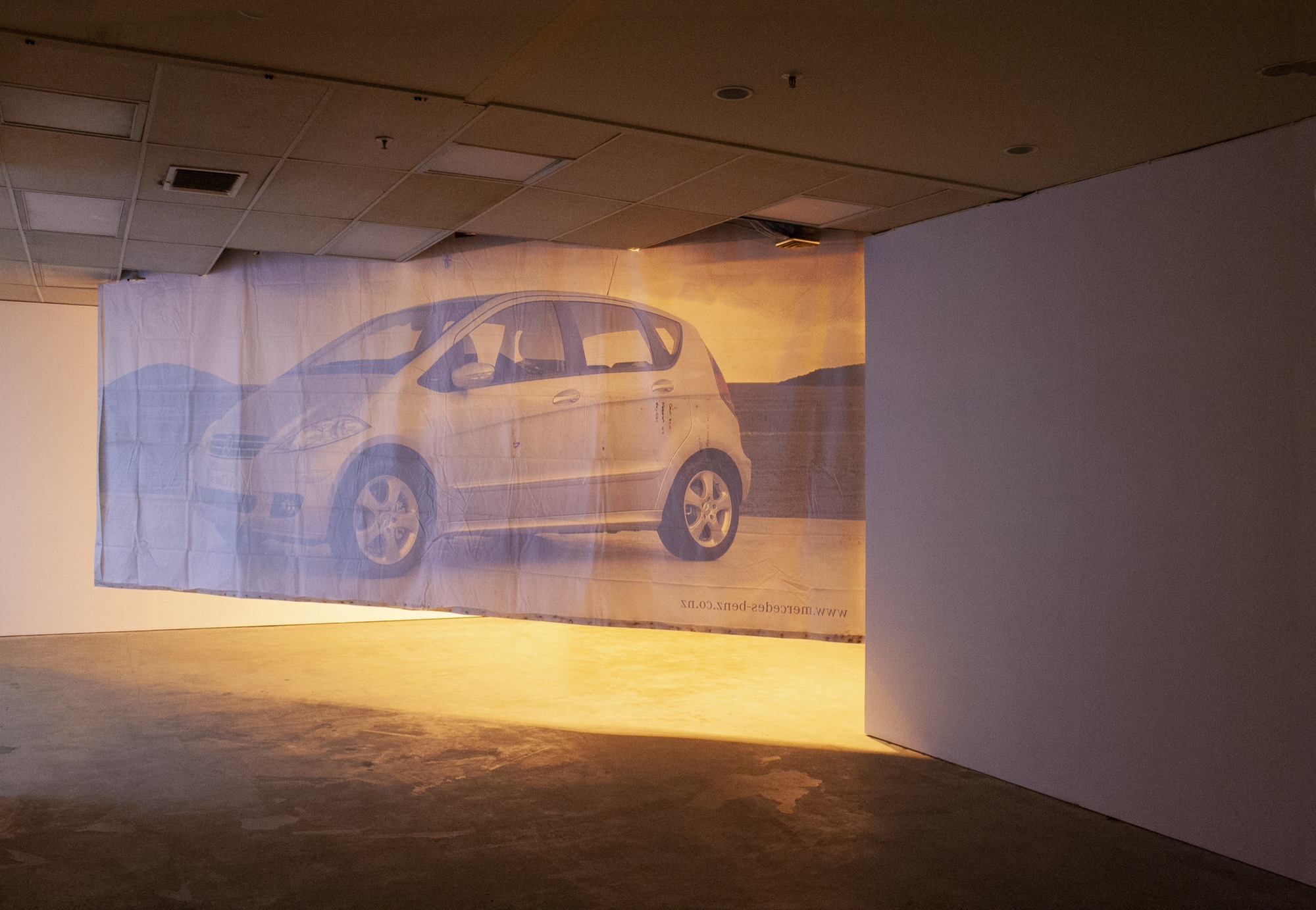 No letting go, no holding back | Mercedes billboard skin, three hydroponic grow lamps, removed ceiling tiles | variable dimensions | Newcall Gallery, Auckland | 2008